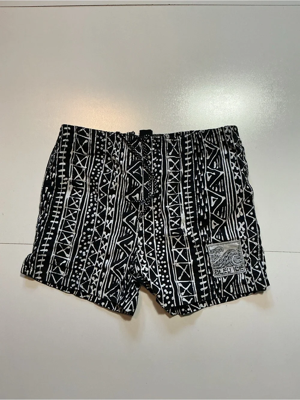 Vintage 90s Bleu Ice AOP Tribal Abstract Geometric Mesh Lined Swim Trunk Shorts